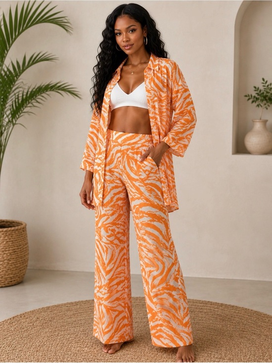 None Other - Women's Orange Zebra-Print Wide Leg Pant Set Size Small